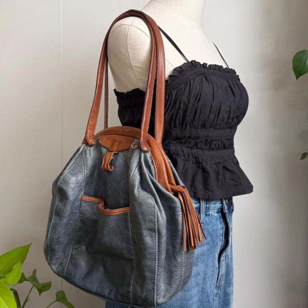 Blue Leather Bowling Bag Shoulder Bag Brown Leather Trim Polka Dot Liner Boho - Picture 3 of 8